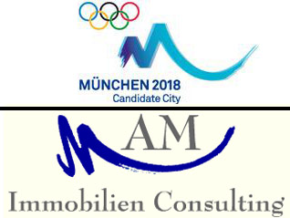 Munich 2018 Olympic bid logo (top).  Berlin real estate firm (bottom) claims the stylized 'M' matches theirs too closely