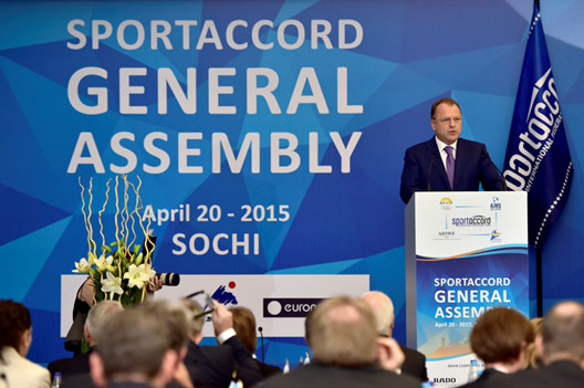 SportAccord Chief Marius Vizer makes opening remarks at SportAccord General Asssembly