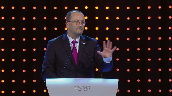 Lausanne 2020 Bid President and IOC Member Patrick Baumann presents to IOC