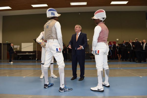 President Bach talks Fencing with Brice Guyart, Enzo Lefort and Jean Paul Tony Helissey (Paris 2024 Photo)