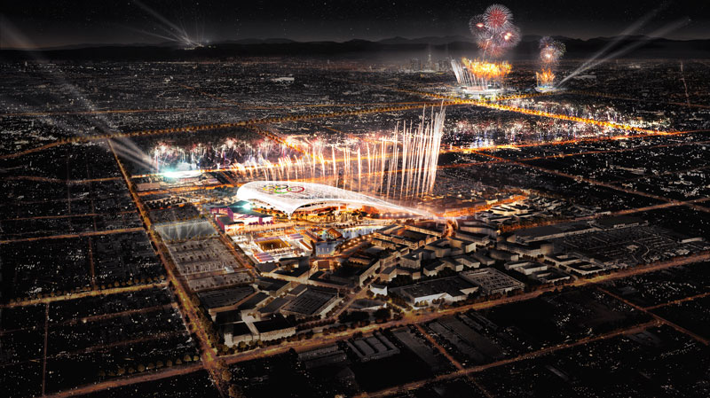 LA 2024 has proposed an unprecedented two-stadium Opening Ceremony concept leveraging iconic LA Memorial Coliseum and new NFL stadium (LA 2024 depiction)