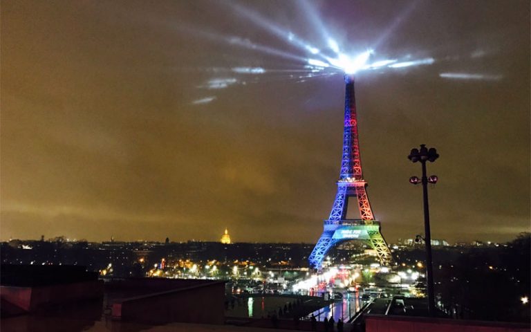 The Eiffell Tower is lit up like the Paris 2024 Olympic bid logo with the slogan "Made To Share" on Feb. 3, 0217 (Paris 2024 Photo)