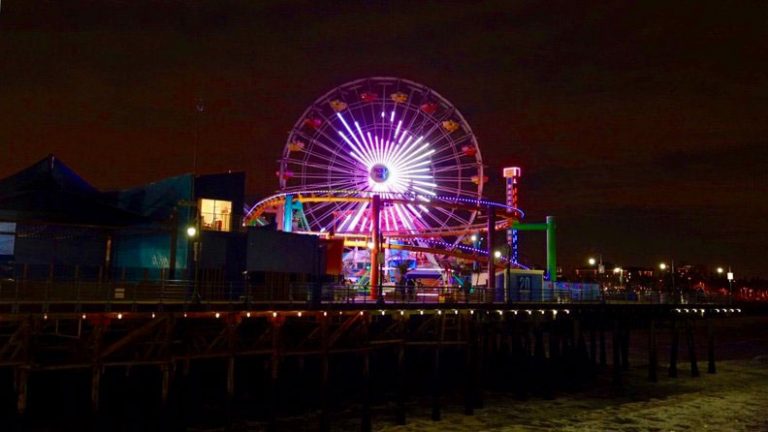 The LA 2024 angel logo lights up the night, shining from the world’s only solar-powered ferris wheel in Santa Monica (LA 2024 Photo)