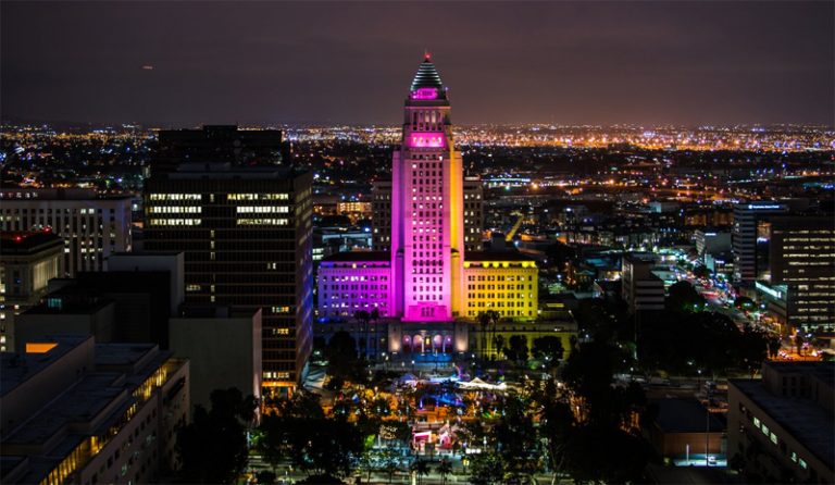 Los Angeles City Hall lit up in LA 2024 Olympic Bid colors (LA 2024 Photo)