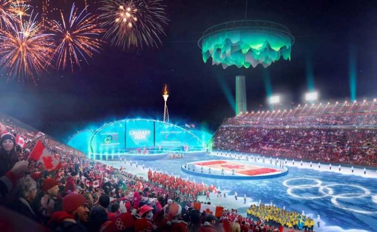 Calgary 2026 rendering of upgraded McMahon Stadium with Olympic overlay
