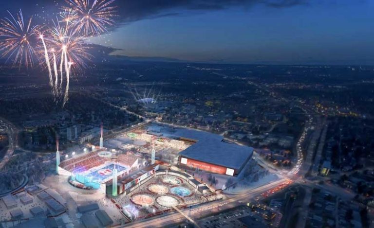 Calgary 2026 rendering of upgraded McMahon Stadium with Olympic overlay