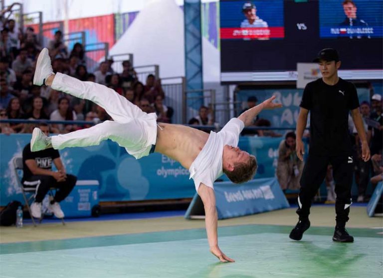 Breaking B-boys "battle" competitor at the Buenos Aires 2018 Youth Olympic Games (IOC Photo)