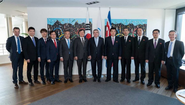 IOC President Thomas Bach among delegations at a tripartite meeting with sport officials from North and South Korea in Lausanne, Switzerland February 15, 2019 (IOC Photo)