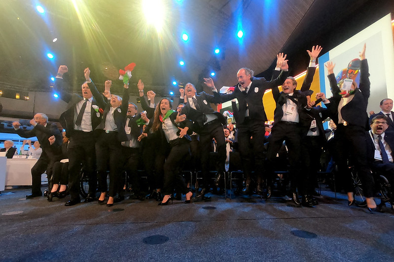 Italian bid team celebrate the awarding of the 2026 Olympic Winter Games to Milan Cortina (IOC Photo)
