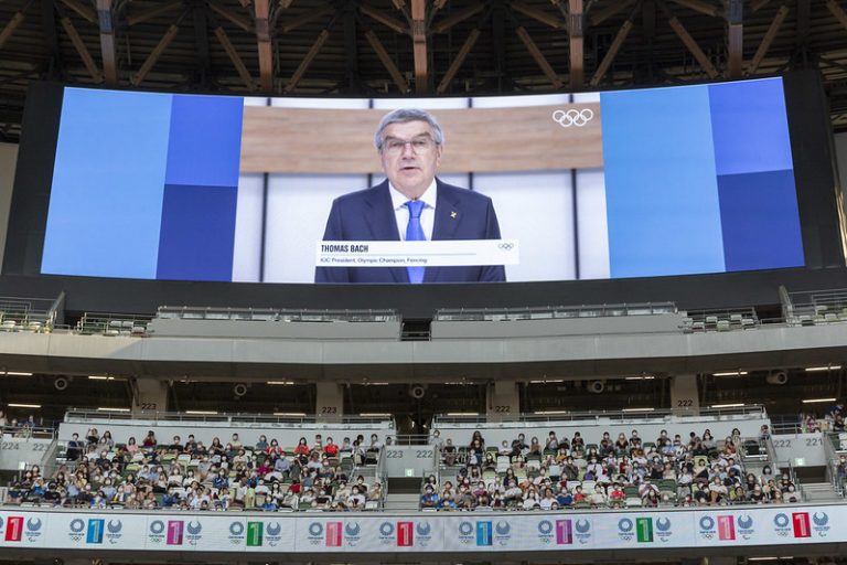 A video message of International Olympic Committee (IOC) President Thomas Bach is seen during the Tokyo 2020 Games One Year Anniversary Ceremony at the Japan National Stadium on July 23, 2022 in Tokyo, Japan.