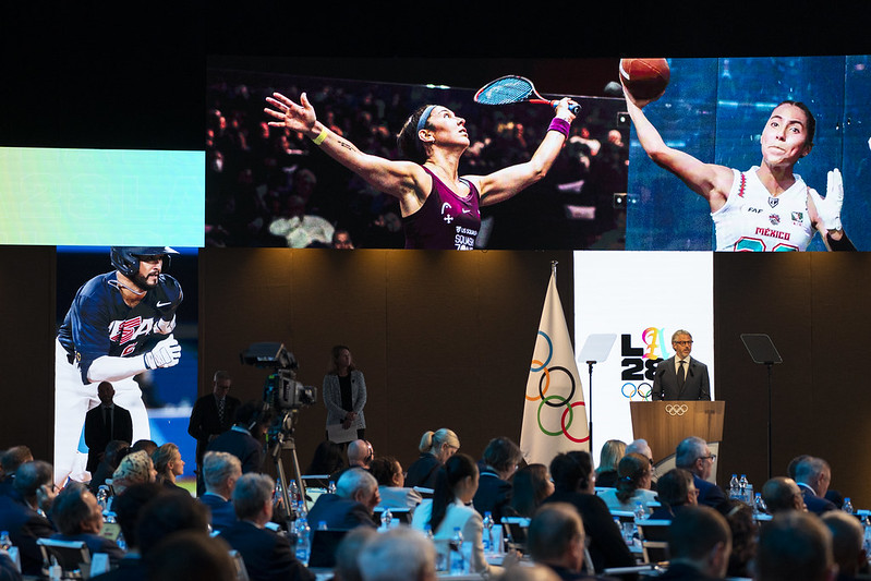 Five new sports including cricket, baseball-softball, flag football, lacrosse and squash are approved to be included on the Los Angeles 2028 Olympic sports program at 141st IOC Session in Mumbai, India on 16 October 2023 (Photo: IOC/Greg Martin)