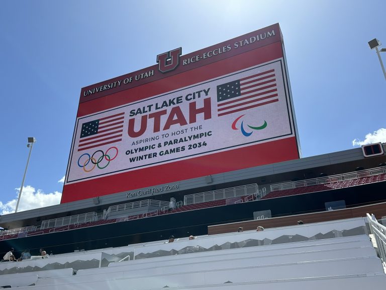 Scoreboard at University of Utah's Rice-Eccles Stadium welcome IOC Future Host Commission April 10, 2024 (GamesBids Photo)
